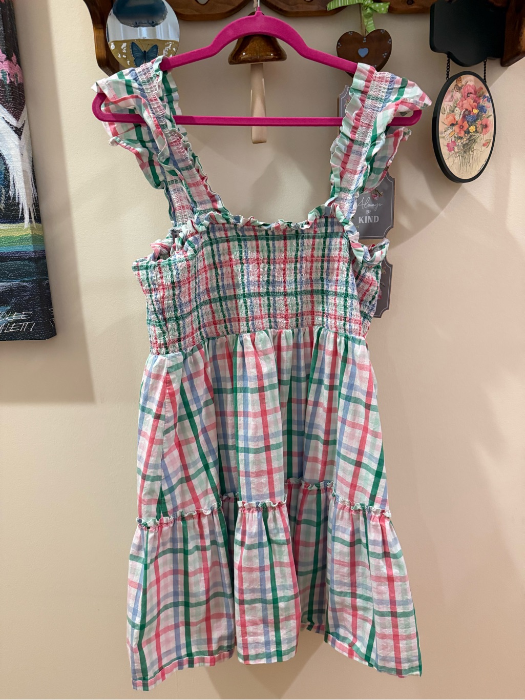 Crown & Ivy Pink, Green And White Plaid Ruffle Strap Sun Dress Mini Dress